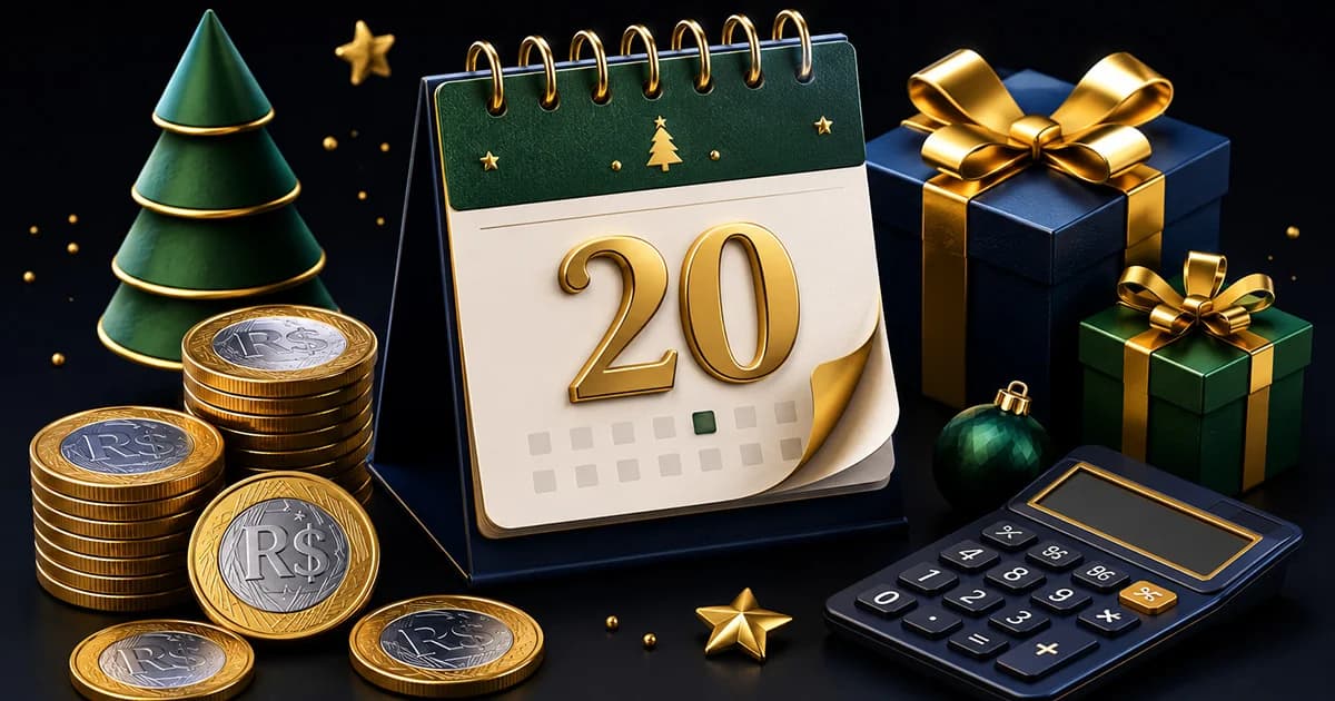 Representação de calendário natalino com notas de dinheiro e moedas simbolizando a gratificação natalina de 13º salário.