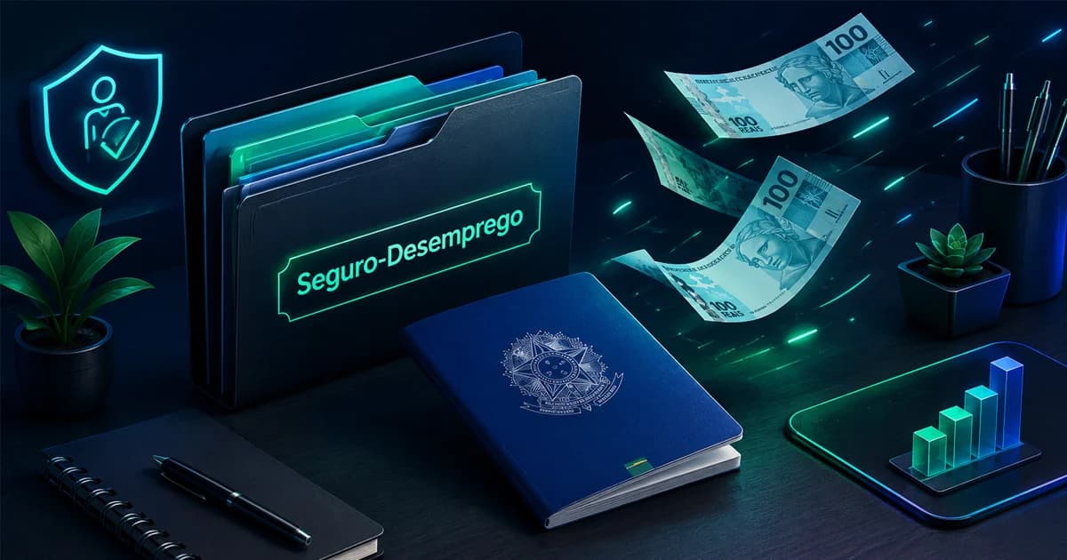 Representação de carteira de trabalho brasileira com moedas e documentos de requisição de seguro-desemprego.