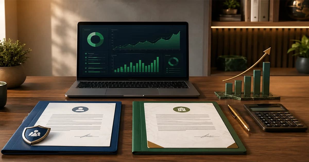 Uma mesa de trabalho com dois caminhos representados graficamente: CLT com carteira assinada e PJ com nota fiscal.